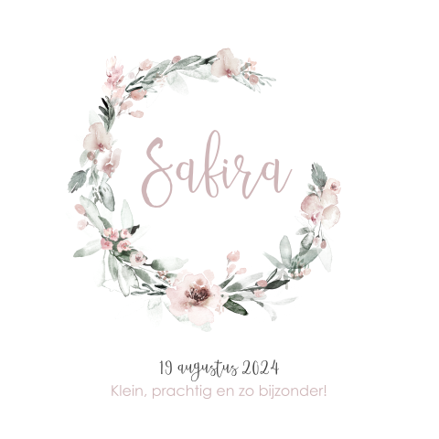 Geboortekaartje voor meisje met roze bloemenkrans