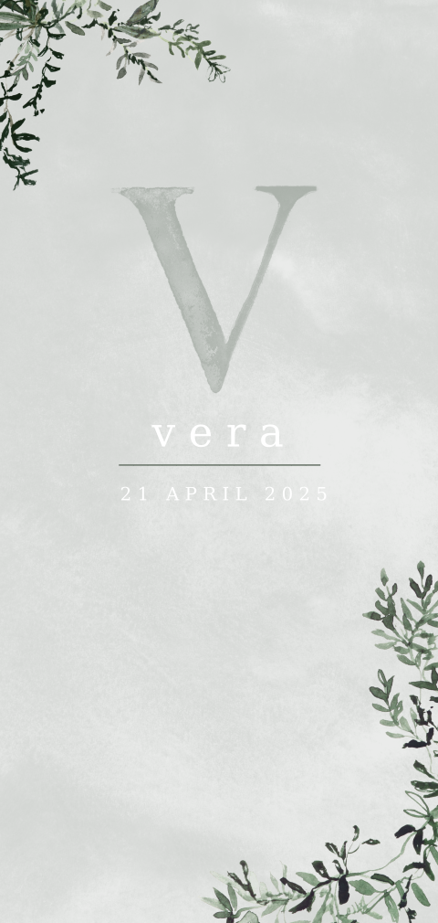 Botanisch geboortekaartje meisje met blaadjes en initiaal