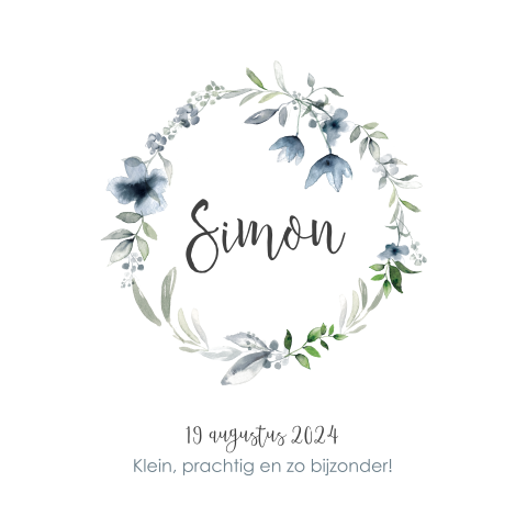 Geboortekaartje jongetje met blauwe bloemenkrans