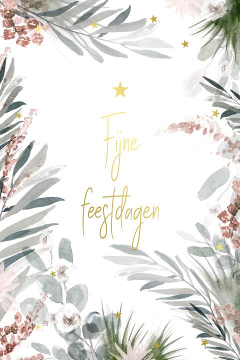 Chique kerstkaart met blaadjes en bloemen en goudfolie
