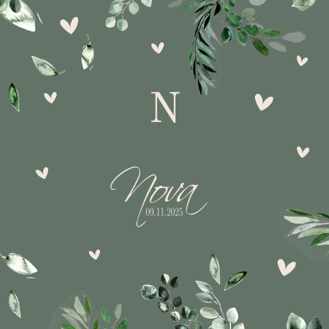 Botanisch geboortekaartje meisje met blaadjes en hartjes