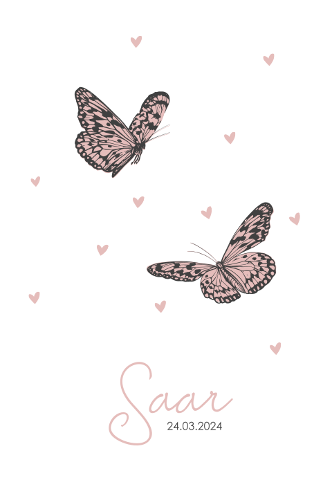 Geboortekaartje meisjes met vlindertjes en hartjes