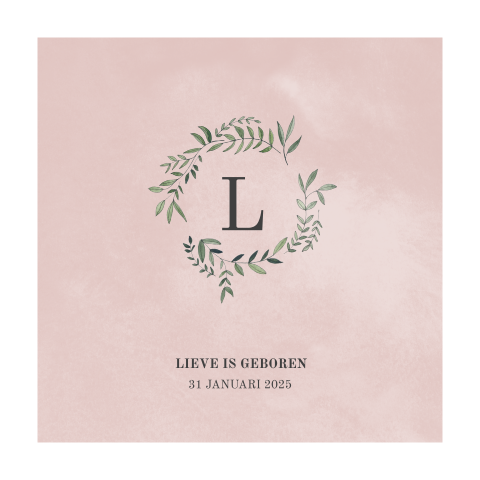 Geboortekaartje meisje met roze achtergrond en bladeren krans