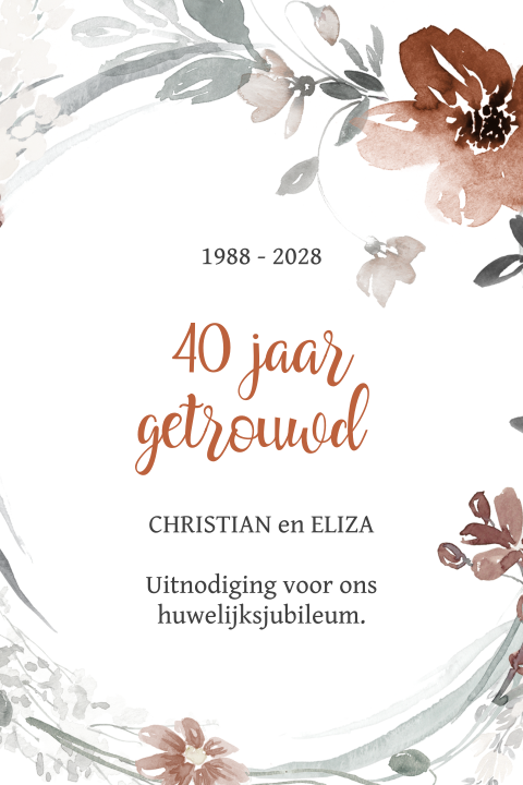 Kaart 40 jaar getrouwd met kransje en bloemen