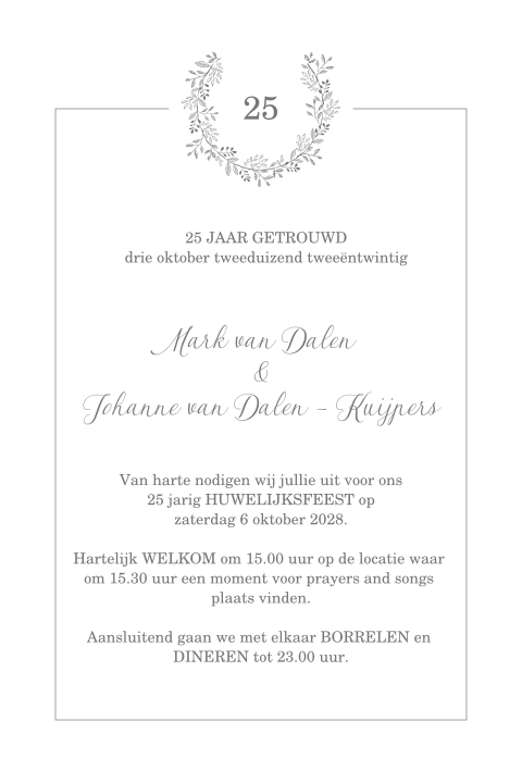 Klassieke jubileumkaart met een kransje voor 25 jaar getrouwd