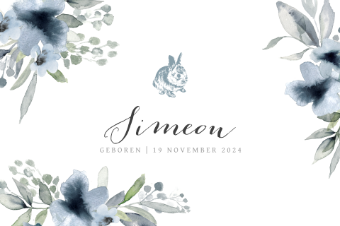 Geboortekaartje jongen met bloemen en konijn