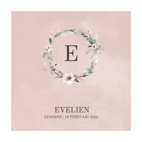 Geboortekaartje dochter met roze bloemenkrans