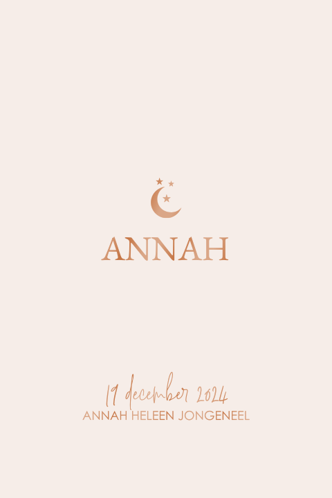 Geboortekaartje meisje met maan en sterren in koperfolie