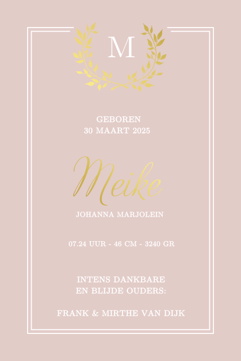 Klassiek geboortekaartje meisje met goudfolie en kransje