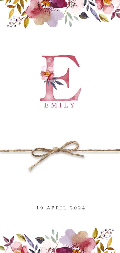 Romantisch geboortekaartje met kleurrijke bloemen en touwtje