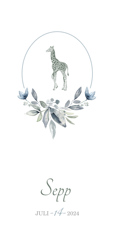 Romantisch geboortekaartje met giraf en blauw bloemen
