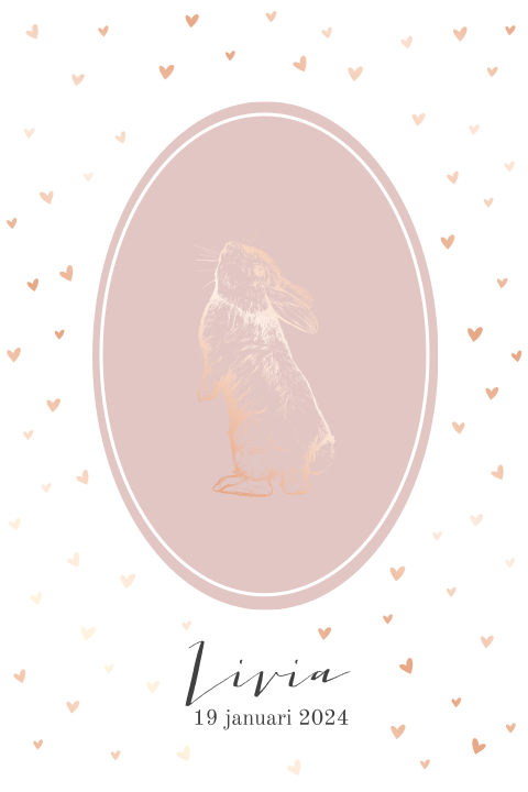 Trend geboortekaartje met roségoudfolie en een konijn
