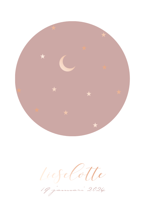 Geboortekaartje meisje met maan en sterren in roséfolie