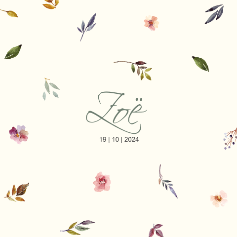 Geboortekaartje meisje met bloemen en blaadjes