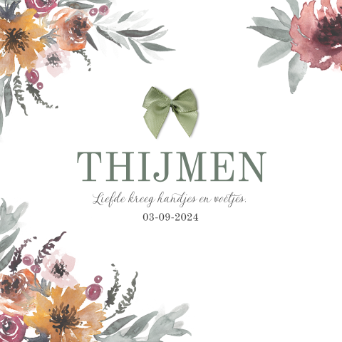 Geboortekaartje jongen met bloemen en groen strikje
