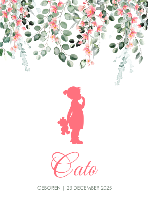 Botanisch geboortekaartje meisje met roze silhouet