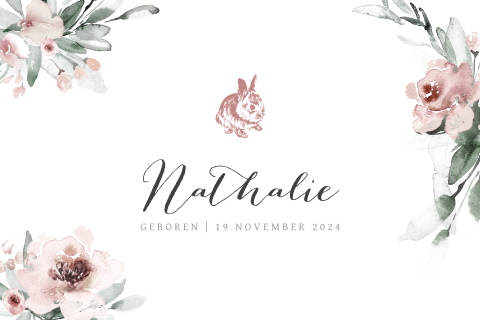 Geboortekaartje meisje met bloemen en konijn