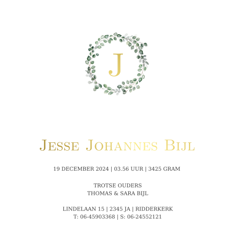 Geboortekaartje jongens met  krans, goudfolie en foto