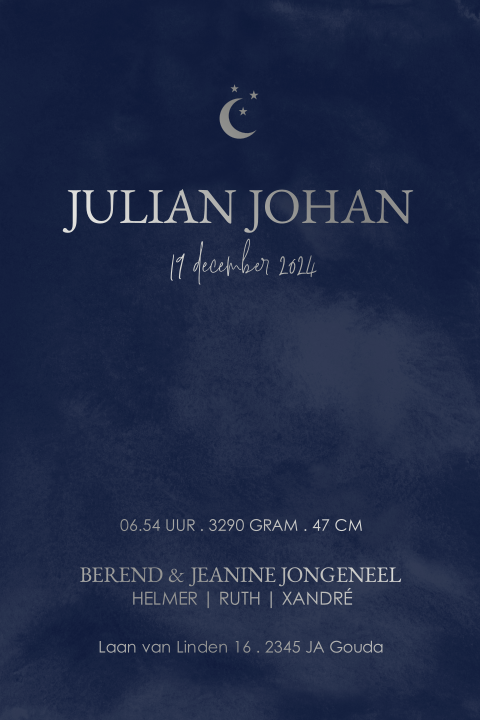 Geboortekaartje jongen voor pocketfold met zilverfolie