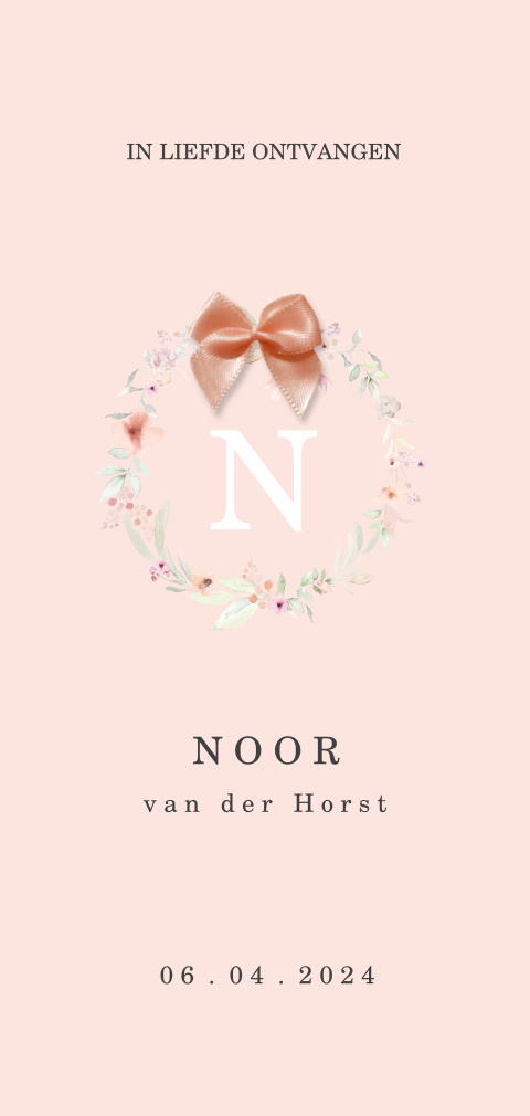 Geboortekaartje meisje met bloemenkrans en strikje