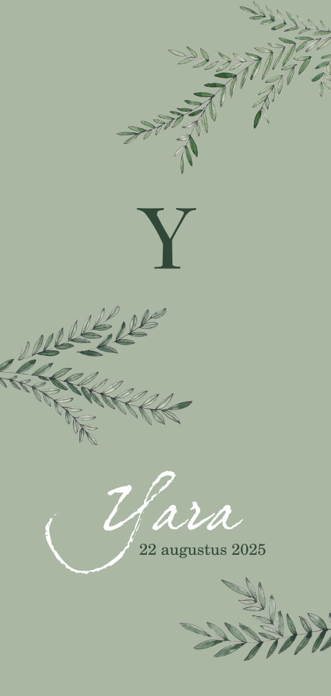 Geboortekaartje meisje groen met takjes en initiaal