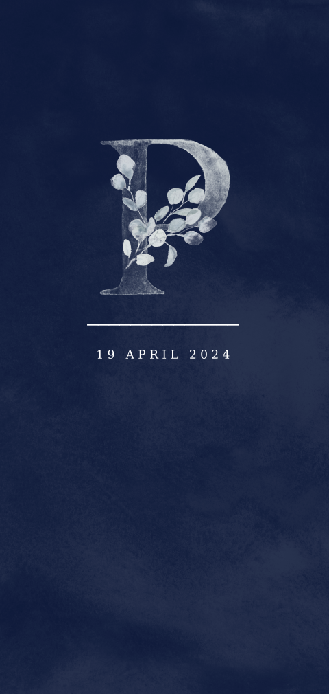 Donkerblauw geboortekaartje met initiaal en takje