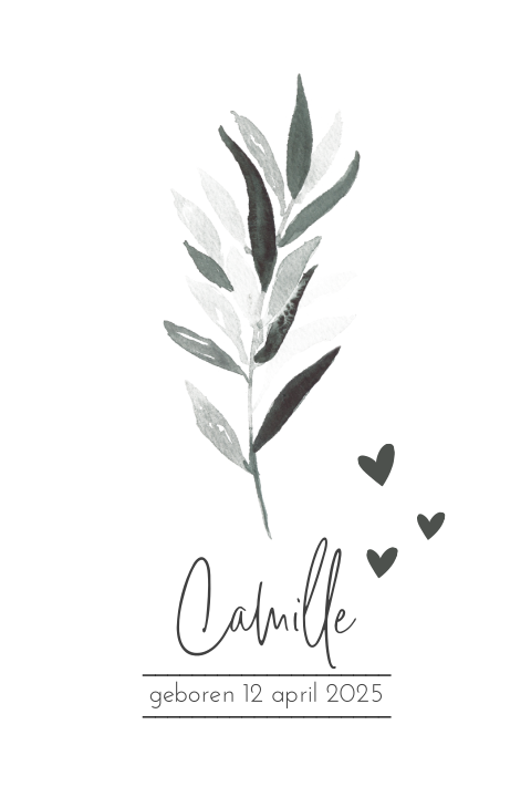 Botanisch geboortekaartje jongen met blaadje en hartjes