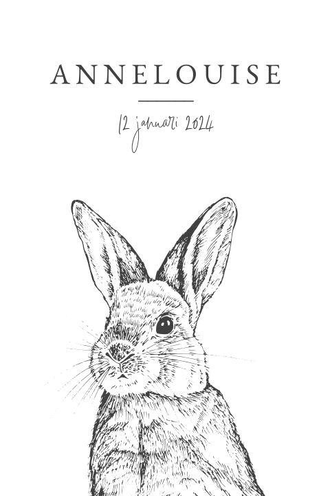 Zwart wit geboortekaartje meisje met konijn