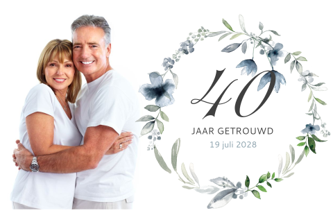 jubileumkaart 40 jaar getrouwd met blauw kransje en foto