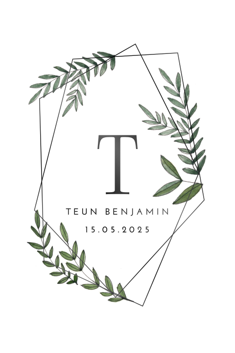 Botanisch geboortekaartje jongen met geometrisch figuur en blaadjes