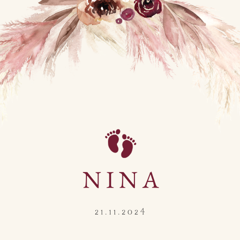 Geboortekaartje meisje met droogbloemen en voetjes