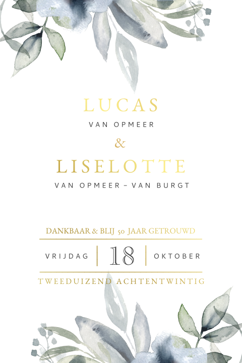 Kaart 50 jaar getrouwd met goudfolie en bloemen