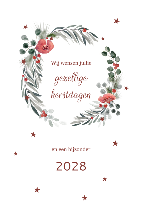 Kerstkaart met bloemenkransje en sterretjes