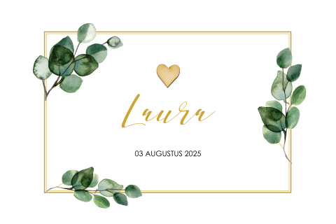 Trend geboortekaartje meisje met blaadjes en echt houten hartje