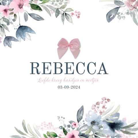 Geboortekaartje voor meisje met bloemetjes en roze strikje