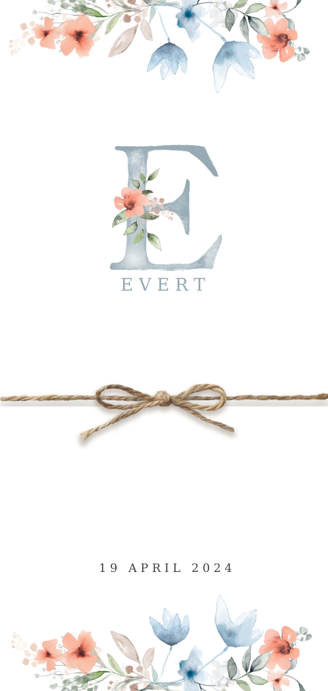 Romantisch geboortekaartje jongen met kleurrijke bloemen en touwtje