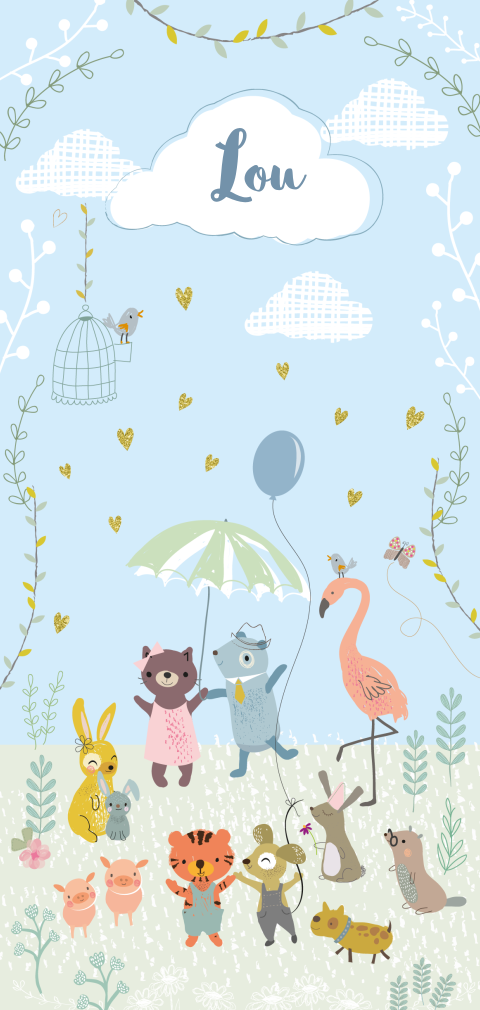 lief en feestelijk geboortekaartje zoon met vrolijke dieren