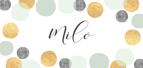 hip geboortekaartje jongen met stippen in groen en goud