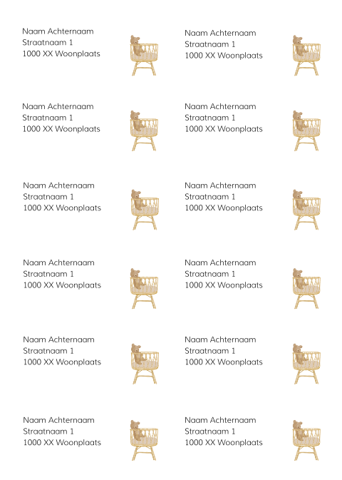 Adresetiket met rotan wiegje