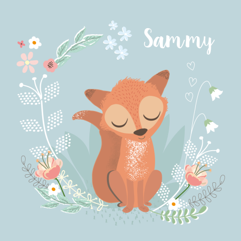 lief geboortekaartje voor een jongen met vosje en bloemen