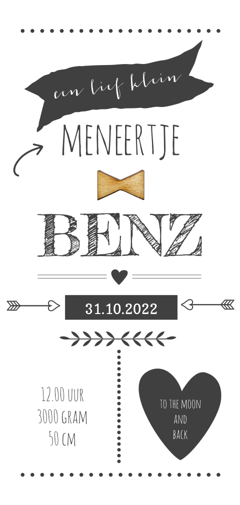 typografie geboortekaartje jongen met houten strikje