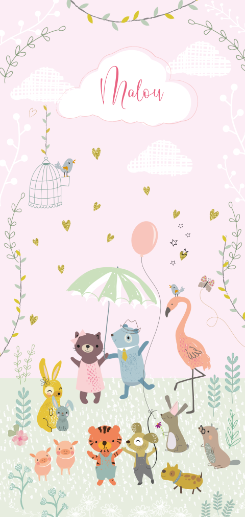 Vrolijk en feestelijk geboortekaartje dochter met dieren