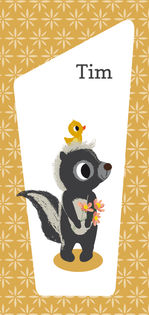 leuk jongens geboortekaartje met stinkdiertje en eendje