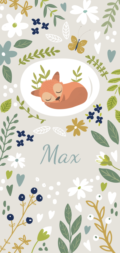 botanisch geboortekaartje voor een jongen met slapend vosje