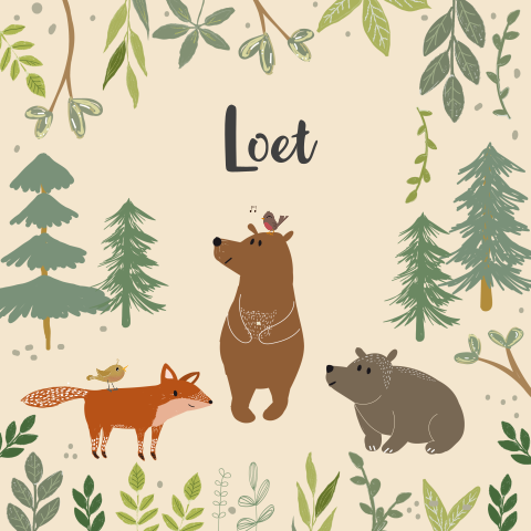 geboortekaartje voor een jongen met vrolijke bosdieren