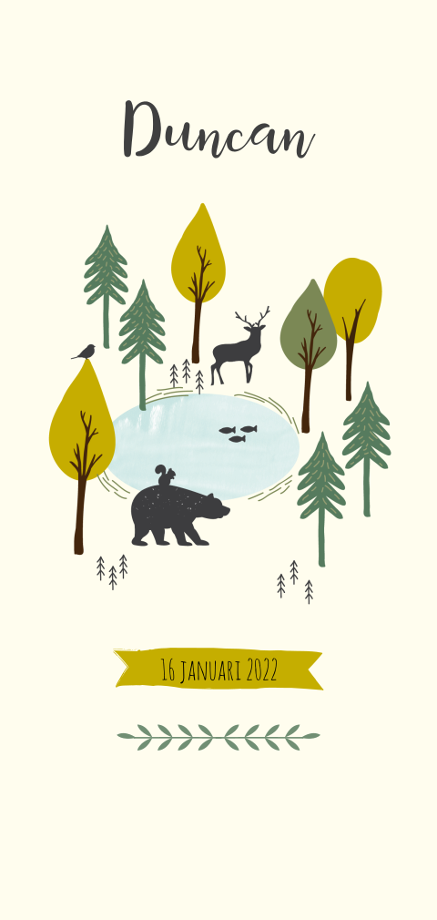 stoere geboortekaart voor een jongen met beer en eland