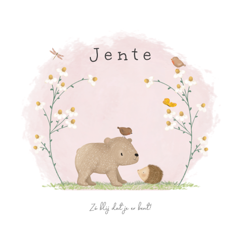 Lief geboortekaartje voor een dochter met beer en egel