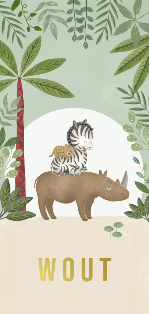 Hip geboortekaartje voor een jongen met jungledieren