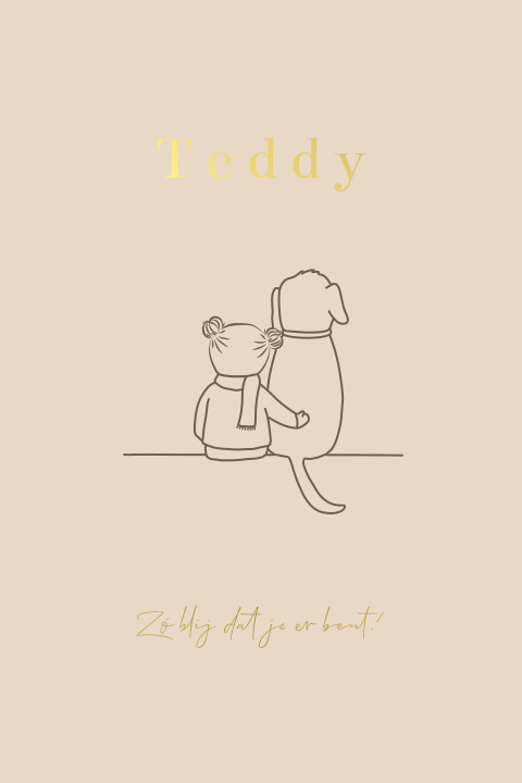 Geboortekaartje met lijntekening van een meisje en hond
