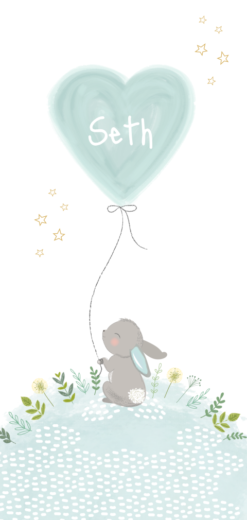 jongens geboortekaartje met konijntje en hartjesballon